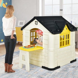 Casetta per bambini con porte finestre tavolo, Set giocattolo 7 pezzi con copertura impermeabile 164x124x132cm Giallo-Tende e Casette per bambini