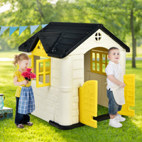 Casetta per bambini con porte finestre tavolo, Set giocattolo 7 pezzi con copertura impermeabile 164x124x132cm Giallo-Tende e Casette per bambini
