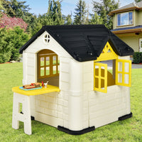 Casetta per bambini con porte finestre tavolo, Set giocattolo 7 pezzi con copertura impermeabile 164x124x132cm Giallo-Tende e Casette per bambini