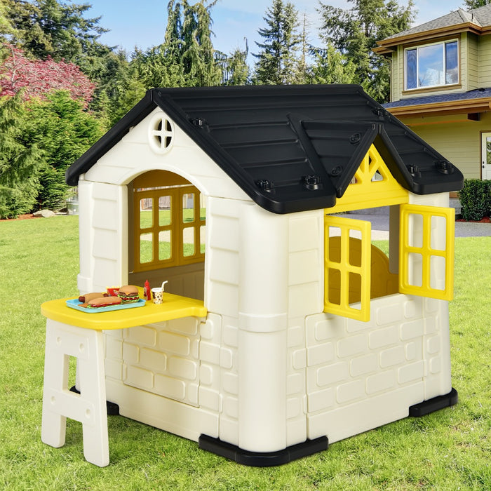 Casetta per bambini con porte finestre tavolo, Set giocattolo 7 pezzi con copertura impermeabile 164x124x132cm Giallo-Tende e Casette per bambini