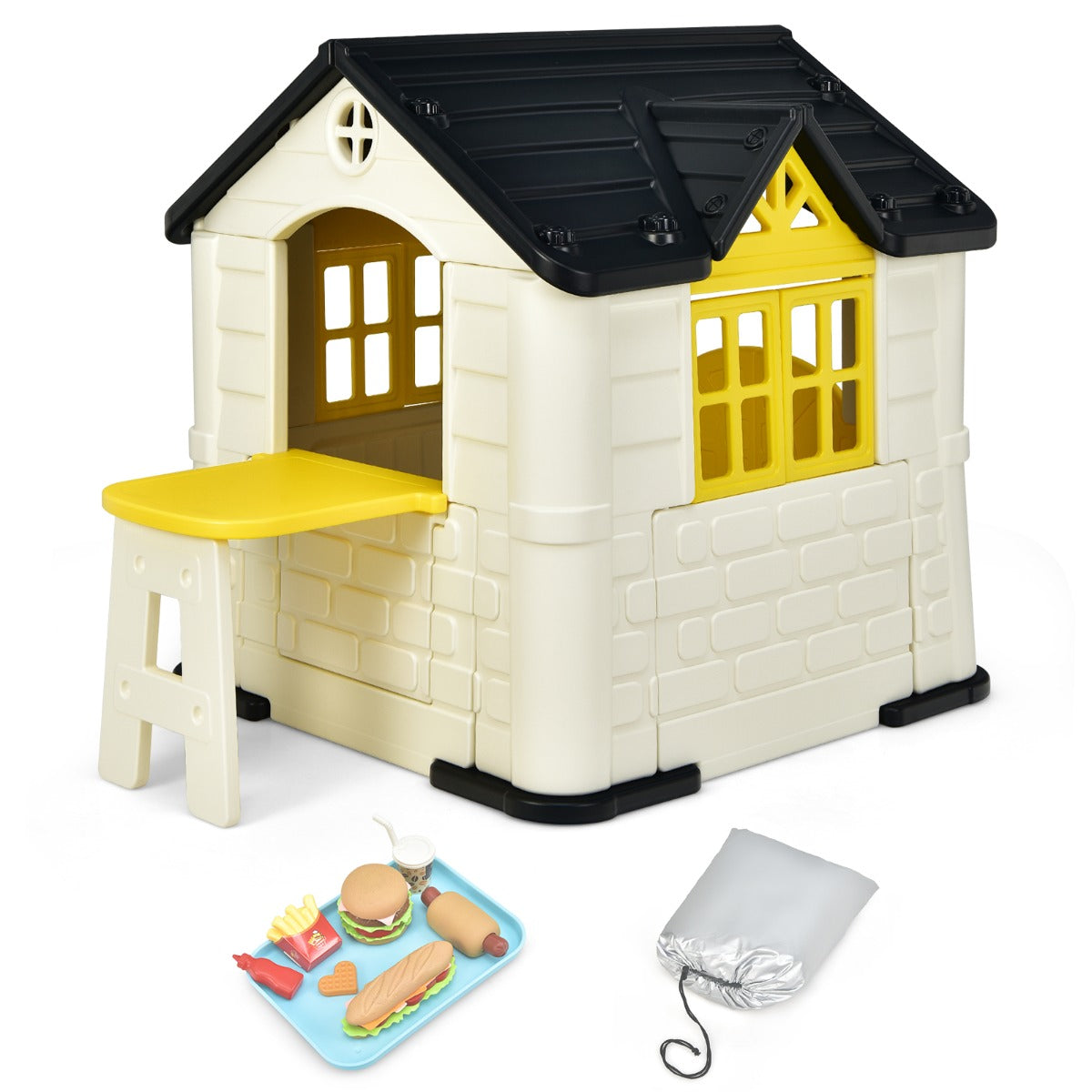 Casetta per bambini con porte finestre tavolo, Set giocattolo 7 pezzi con copertura impermeabile 164x124x132cm Giallo-Tende e Casette per bambini