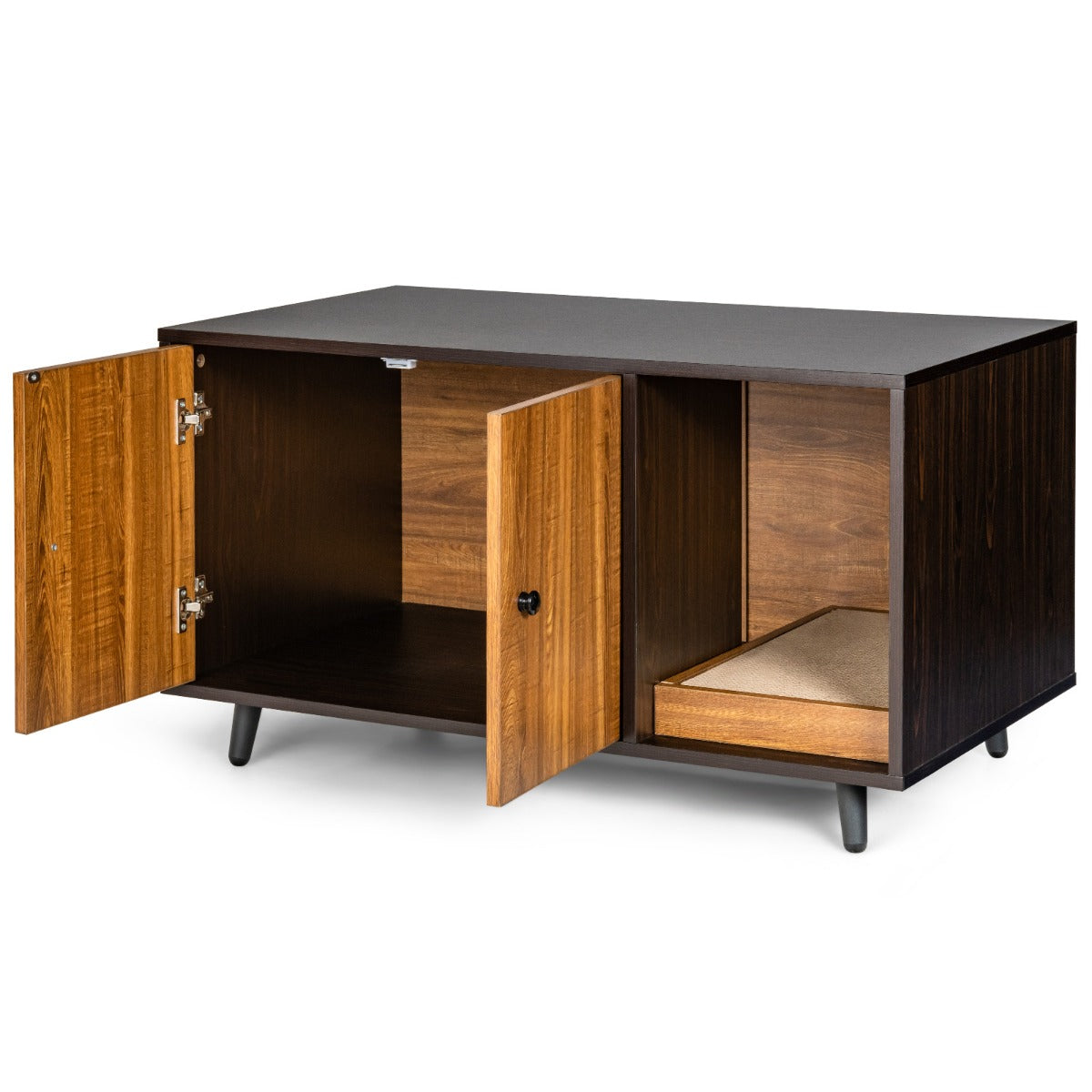 Casetta per gatti da interno con doppia anta e tiragraffi, Lettiera nascosta per gatti con divisore Marrone-Lettini e divanetti