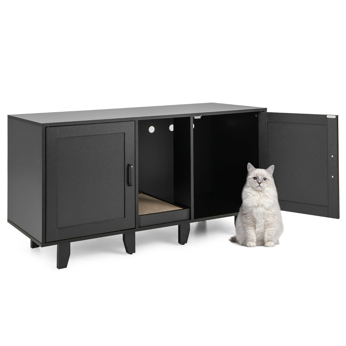 Mobile lettiera per gatti con ingressi sinuosi tiragraffi gambe staccabili, Armadietto casetta per gatti Nero-Lettini e divanetti