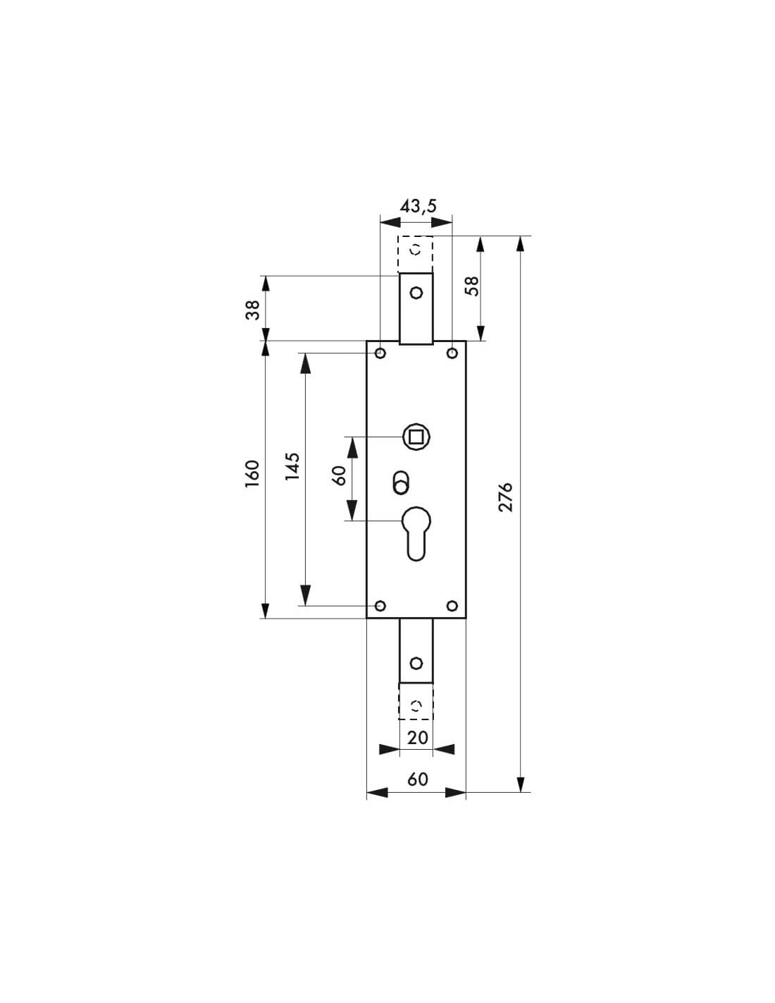 Serratura per porta basculante 2 punti alto e basso, a cilindro europeo, garage, 60x160mm, quadro 7mm, zincato - THIRARD
