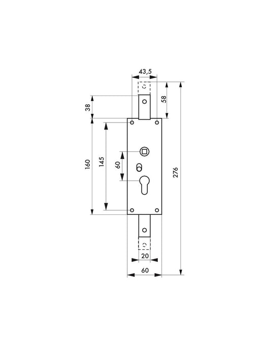 Serratura per porta basculante 2 punti alto e basso, a cilindro europeo, garage, 60x160mm, quadro 7mm, zincato - THIRARD