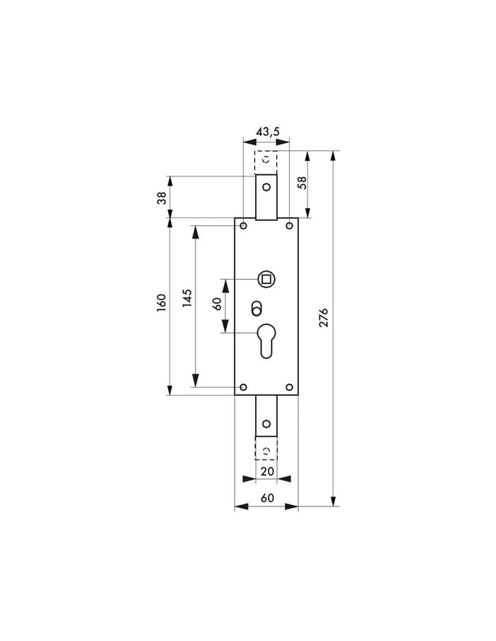 Serratura per porta basculante 2 punti alto e basso, a cilindro europeo, garage, 60x160mm, quadro 7mm, zincato - THIRARD