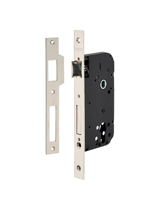 Serratura da infilare a cilindro europeo, asse 50x70 mm, 4 catenacci, piastre estremità tonde, nichelato - THIRARD