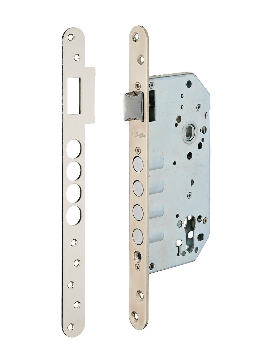 Serratura da incasso a cilindro europeo europeo, asse 60x85mm con borchia, cromato - THIRARD