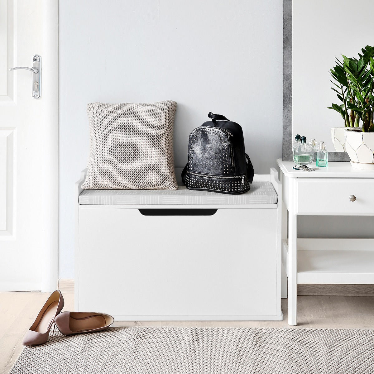 Cassa per giocattoli con 2 cerniere di sicurezza, Cassa con coperchio sollevabile Bianco-Tavoli e sedie