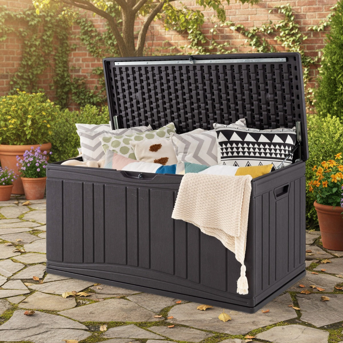 Cassa per patio 300 l contenitore in hdpe impermeabile, Cassa per patio contenitore per attrezzi da giardinaggio Marrone-Casette da giardino