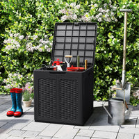 Cassapanca per esterno in plastica resistente a tutte le intemperie per attrezzi da giardino-Contenitore da esterno da 145 L con motivo rattan Nero