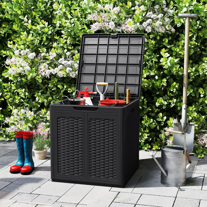 Cassapanca per esterno in plastica resistente a tutte le intemperie per attrezzi da giardino-Contenitore da esterno da 145 L con motivo rattan Nero
