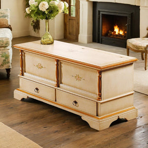 Cassapanca in legno 2 cassetti avorio con profilo ocra l.120 x p.46 h.51 (1347) - Mobili 2G