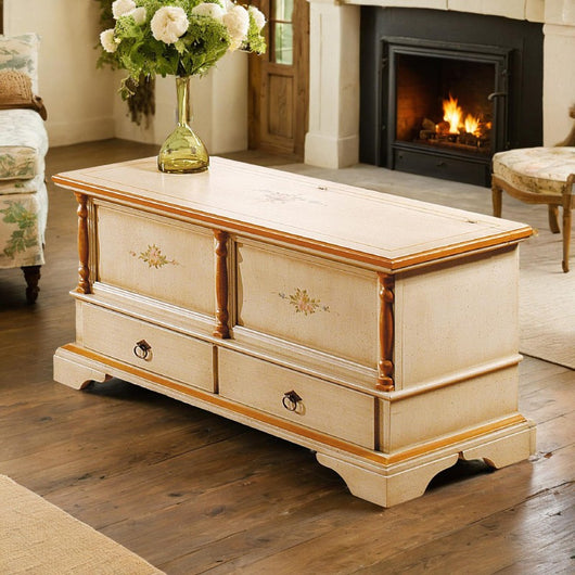 Cassapanca in legno 2 cassetti avorio con profilo ocra l.120 x p.46 h.51 (1347) - Mobili 2G