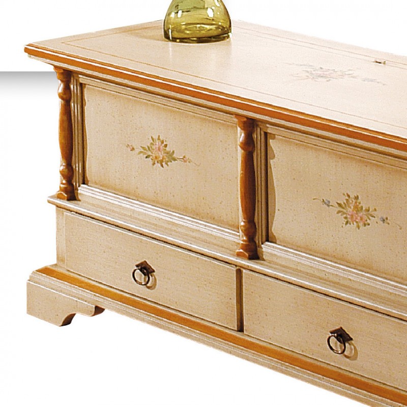 Cassapanca in legno 2 cassetti avorio con profilo ocra l.120 x p.46 h.51 (1347) - Mobili 2G