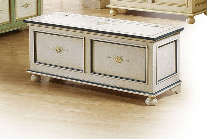 Cassapanca in legno bianco con profilo azzurro l.100 x p.44 h.51 (1348) - Mobili 2G
