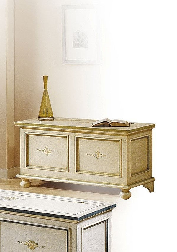 Cassapanca in legno laccato avorio con profilo verde l.120x p.44 h.51 (1348) - Mobili 2G