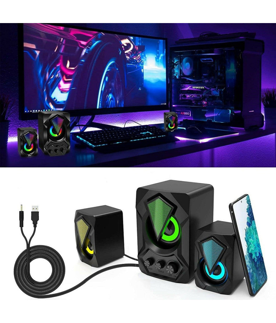 Casse Audio 2.0 Aux Usb Altoparlanti Subwoofer Rgb Per Pc Notebook 5+3 W Ab-d391         