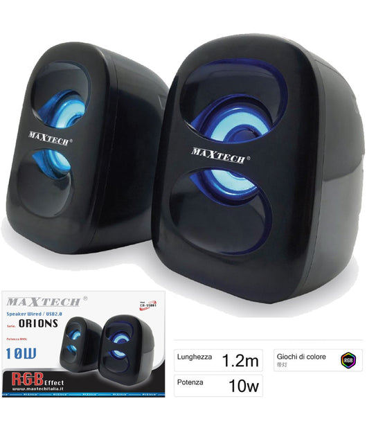 Casse Pc Audio Speaker 10w Con Luce Rgb Portatili Altoparlanti Maxtech Ca-ss001         