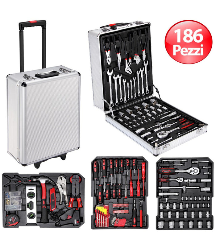 Set Attrezzi 186pz Trolley Valigia Portattrezzi Cassetta Portautensili Lavoro         
