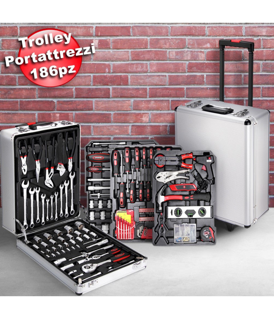 Set Attrezzi 186pz Trolley Valigia Portattrezzi Cassetta Portautensili Lavoro         