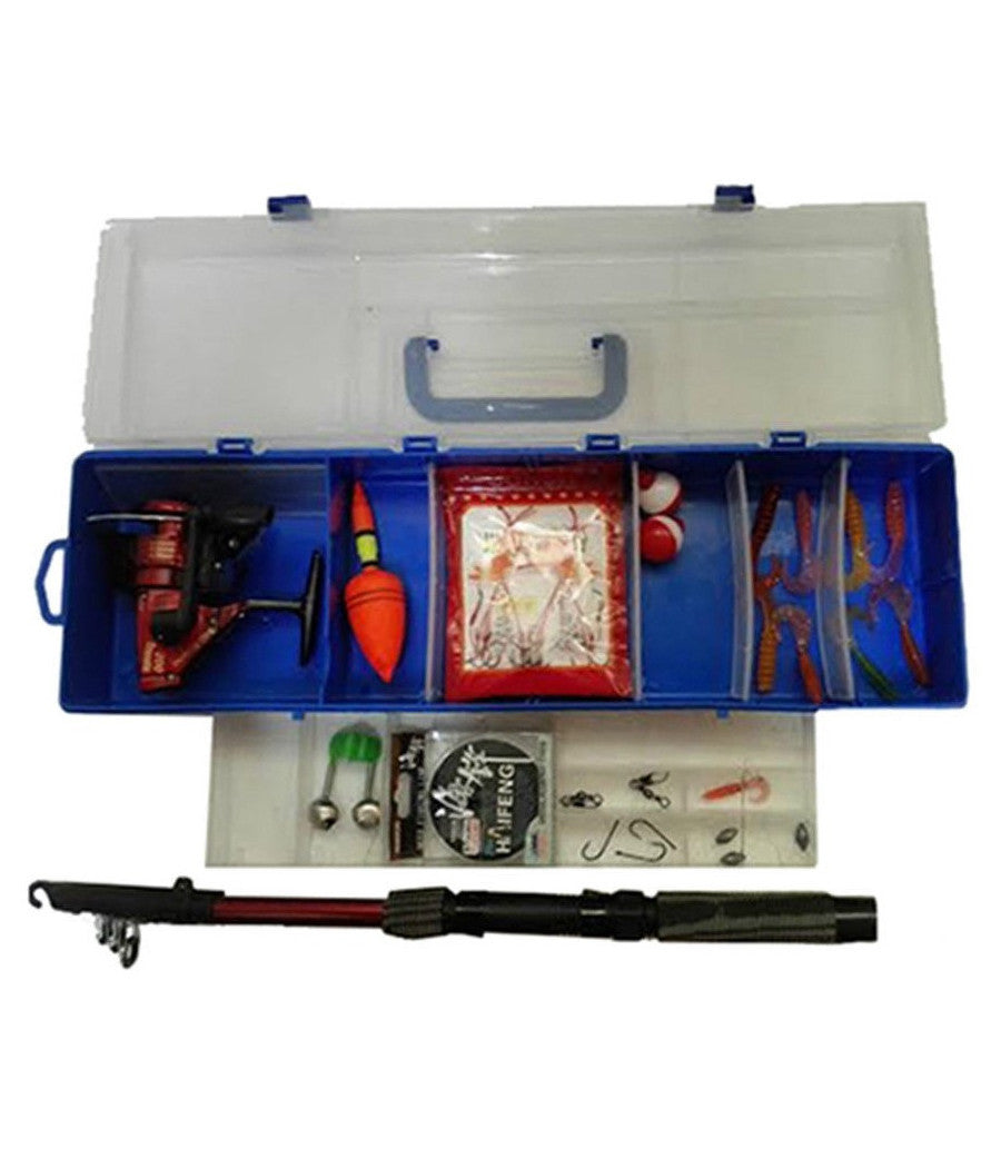 Cassetta Completa Kit Canna Da Pesca Mulinello Esche Artificiali Galleggiante         