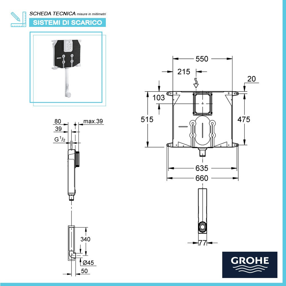 Cassetta di risciacquo 80 mm con canotto per WC Grohe da incasso