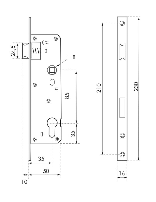 Serratura da incasso a cilindro europeo per infissi in metallo, asse 35 mm, piastra quadra, acciaio inossidabile - THIRARD