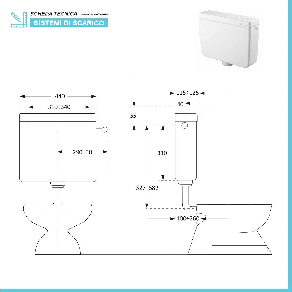 Cassetta scarico wc a zaino universale in ABS bianco con capacità 8 litri
