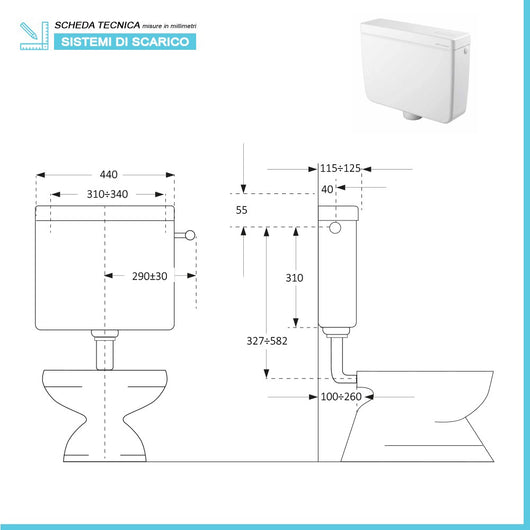 Cassetta scarico wc a zaino universale in ABS bianco con capacità 8 litri