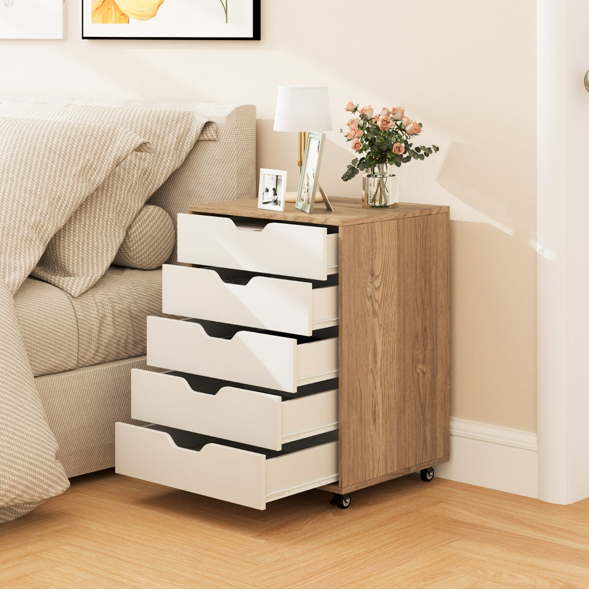 Cassettiera a 5 cassetti con ruote bloccabili, Mobile da archiviazione sotto scrivania per ufficio e casa Naturale-Cassettiere