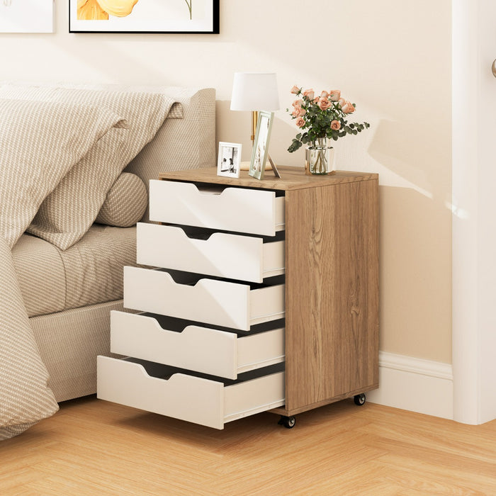 Cassettiera a 5 cassetti con ruote bloccabili, Mobile da archiviazione sotto scrivania per ufficio e casa Naturale-Cassettiere