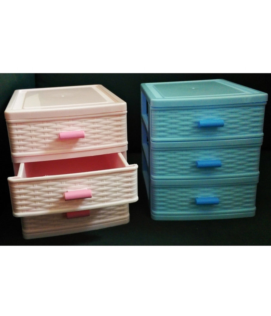 Cassettiera 3 Cassetti Plastica Effetto Vimini Porta Oggetti Cofanetto Minuterie         