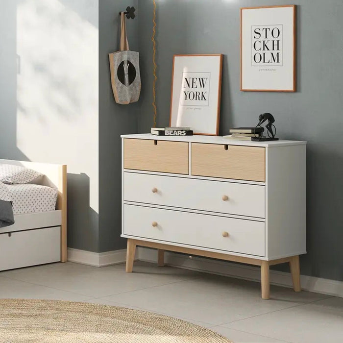 Cassettiera 4 cassetti bianco e pino Estefania 100x40x81H – Legno massiccio per ambienti accoglienti