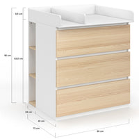 IDMarket - Cassettiera AMBRE, finitura faggio e bianco 3 cassetti, fasciatoio e 2 ripiani estraibili