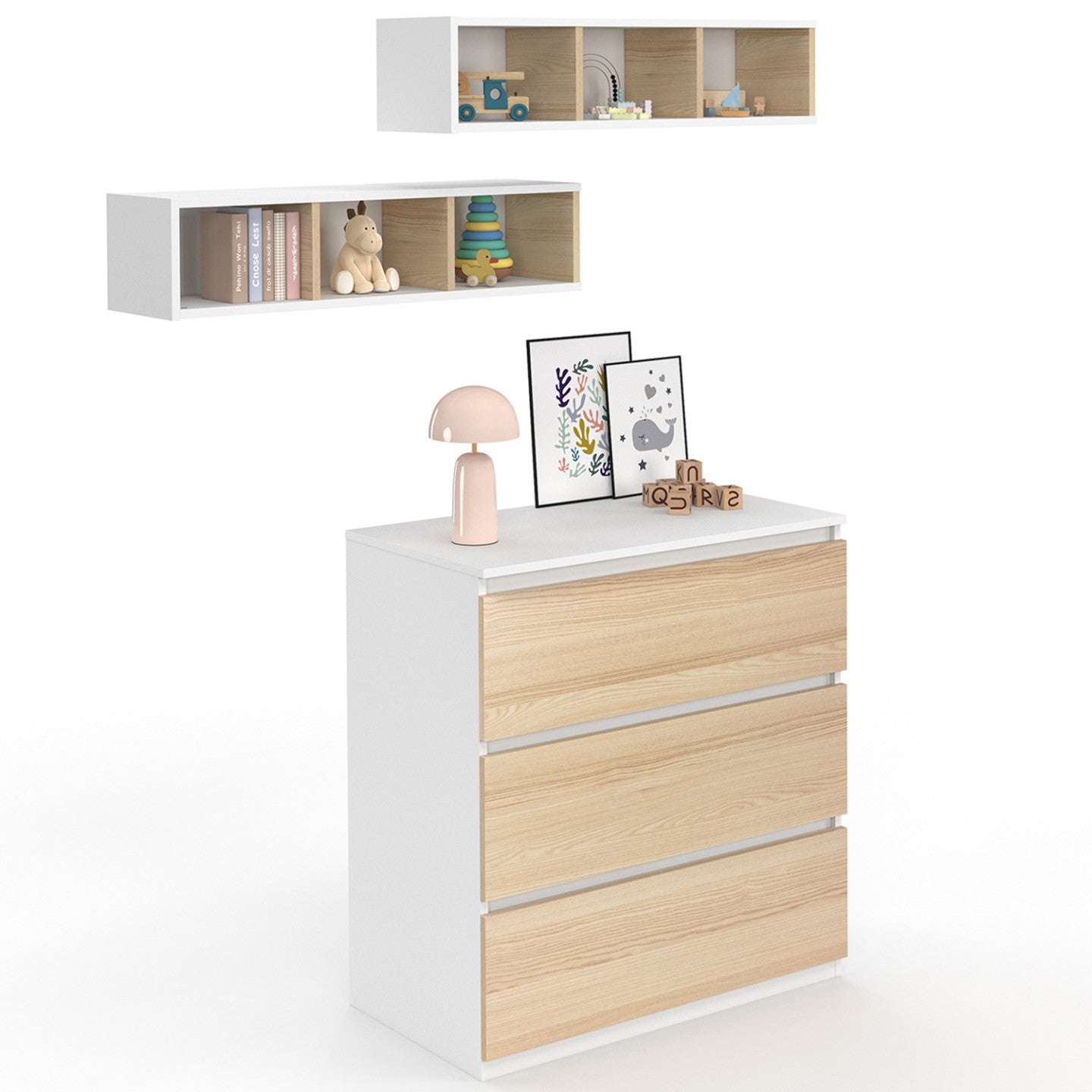 IDMarket - Cassettiera AMBRE, finitura faggio e bianco 3 cassetti, fasciatoio e 2 ripiani estraibili