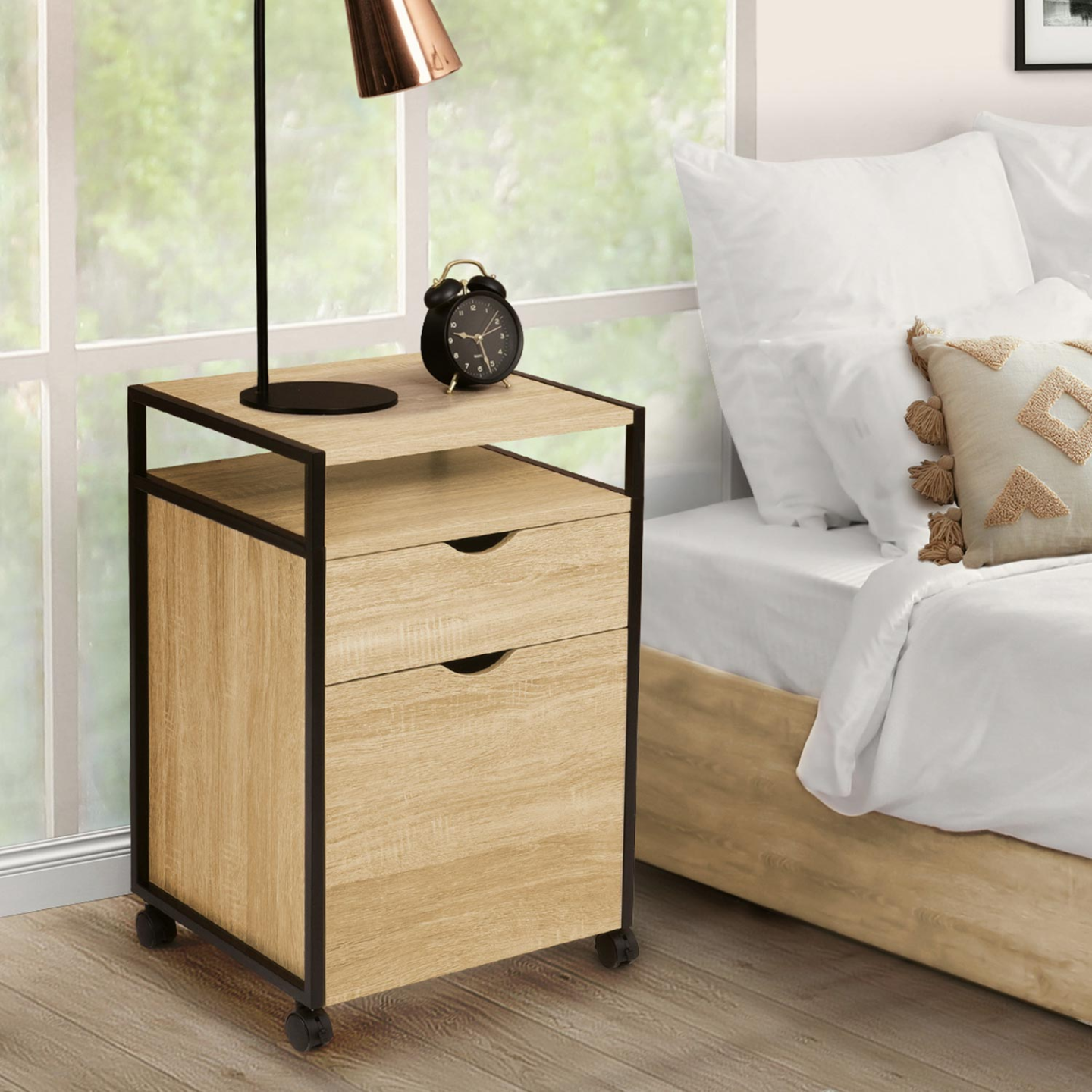 IDMarket - Cassettiera da ufficio scrivania, mobiletto con ruote con supporto per stampante e 2 cassetti, design industriale DETROIT