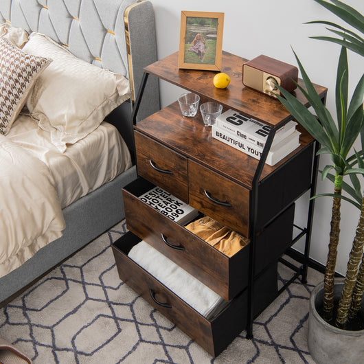 Cassettiera a 4 cassetti con ripiano telaio in metallo e cesti in tessuto, Mobile da terra industriale Marrone-Cassettiere