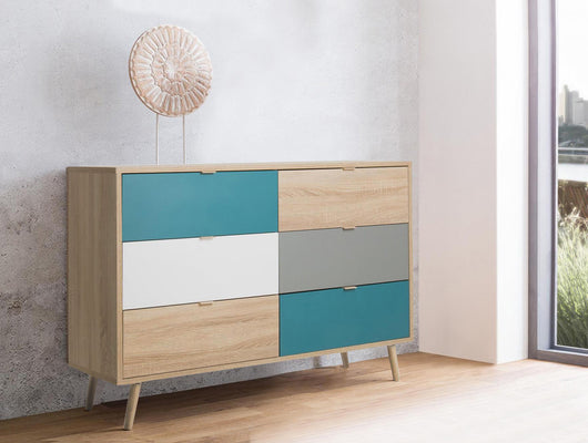 Madia Lavik con gambe in legno, 6 cassetti, finitura Quercia, Bianca, Petrolio e Grigia, ZFRMADCB3