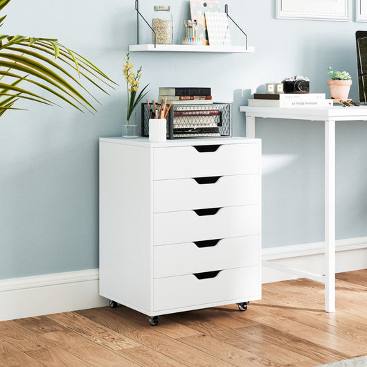 Cassettiera a 5 cassetti con ruote bloccabili, Mobile da archiviazione sotto scrivania per ufficio e casa Bianco-Cassettiere