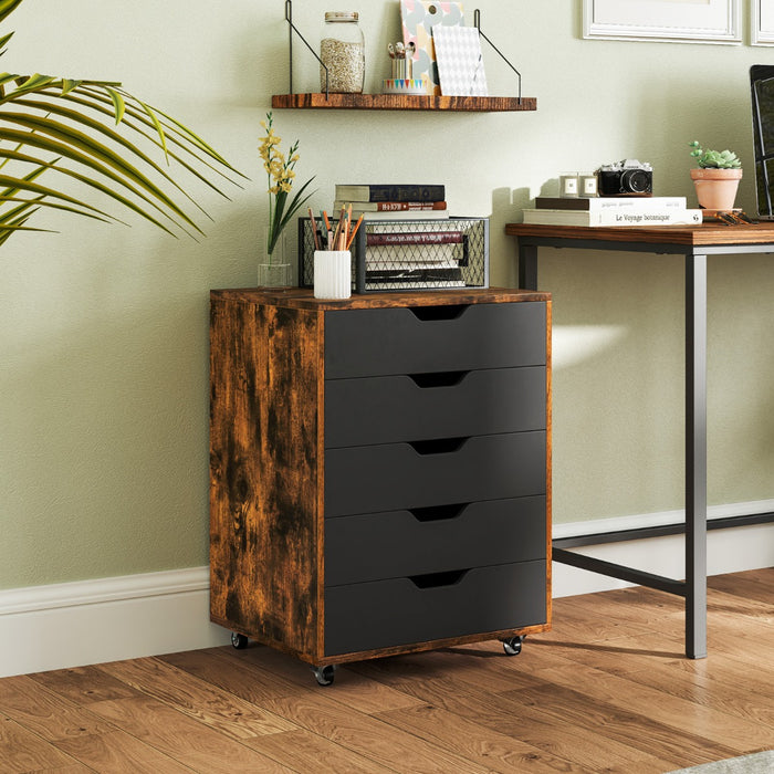 Cassettiera a 5 cassetti con ruote bloccabili, Mobile da archiviazione sotto scrivania per ufficio e casa Marrone-Cassettiere