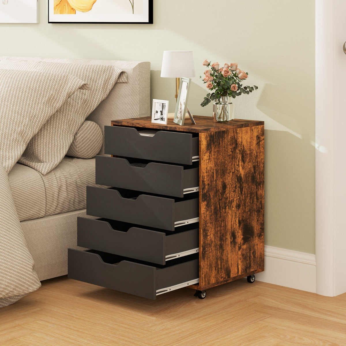 Cassettiera a 5 cassetti con ruote bloccabili, Mobile da archiviazione sotto scrivania per ufficio e casa Marrone-Cassettiere