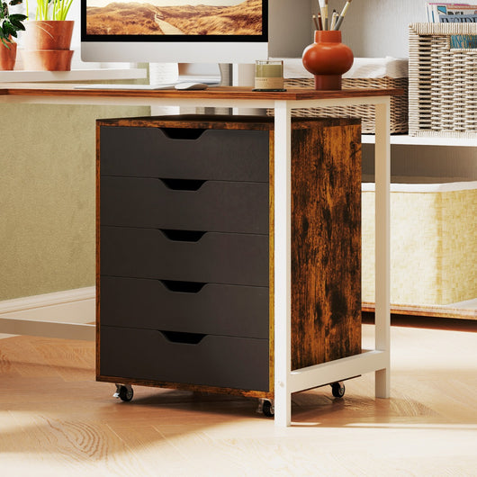 Cassettiera a 5 cassetti con ruote bloccabili, Mobile da archiviazione sotto scrivania per ufficio e casa Marrone-Cassettiere