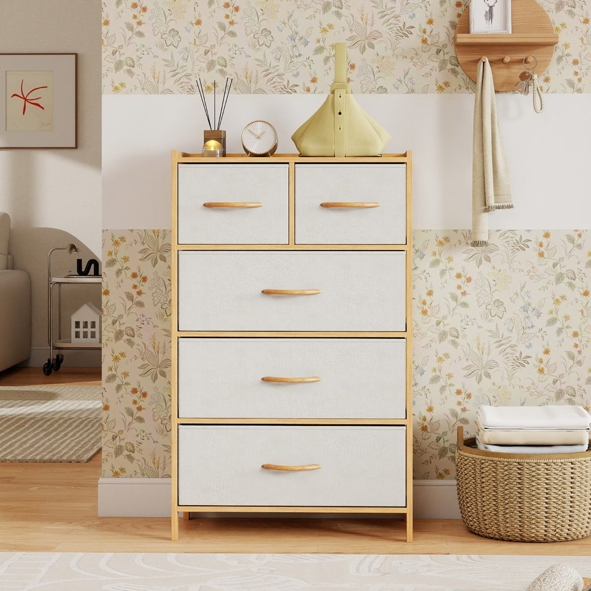 Cassettiera a 5 cassetti torretta contenitore in bamb¨´ in tessuto e ripiano superiore, Cassettiera verticale alta per camera-Cassettiere