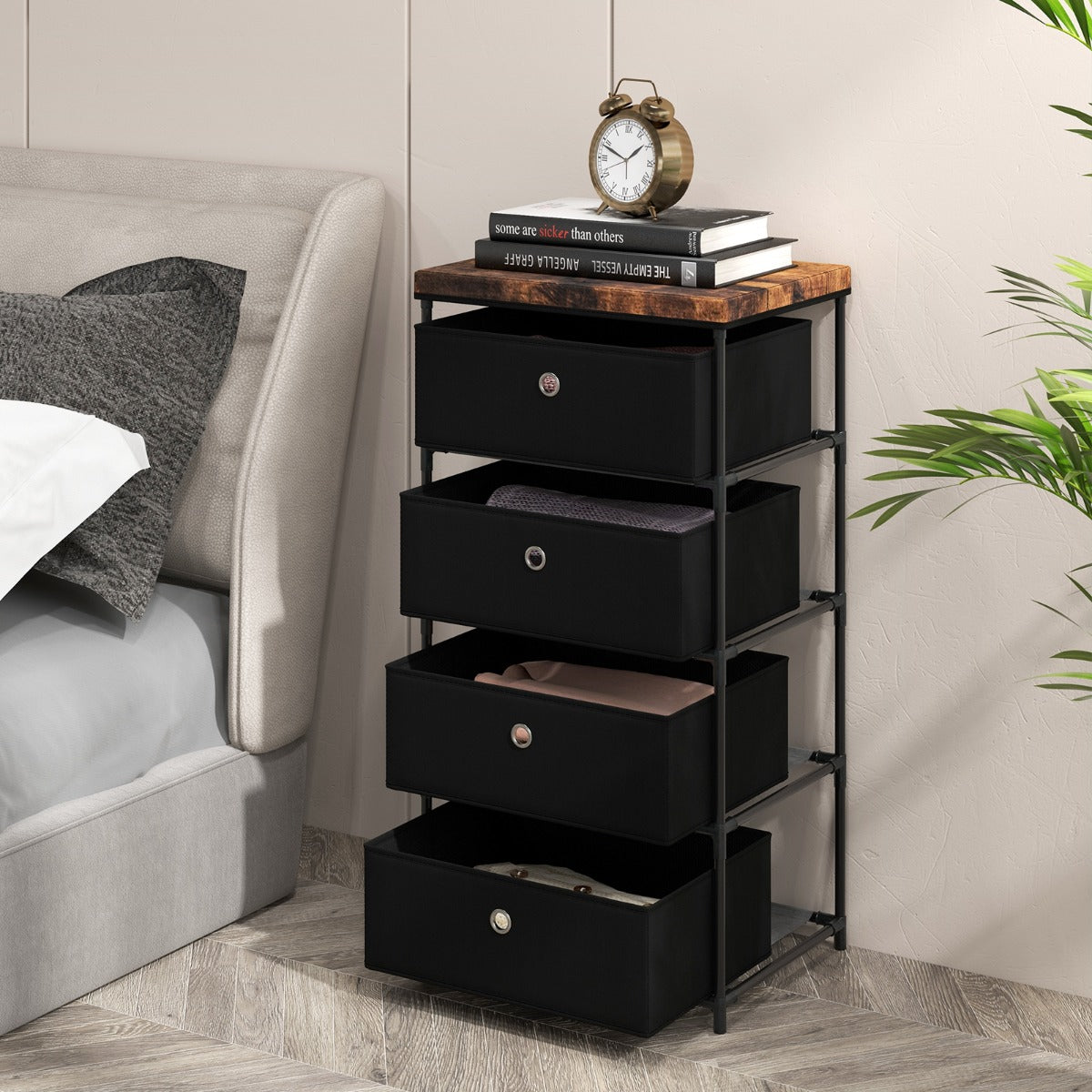 Cassettiera in tessuto con 4 cassetti e struttura robusta in metallo, Mobile a 4 livelli salvaspazio Nero-Cassettiere