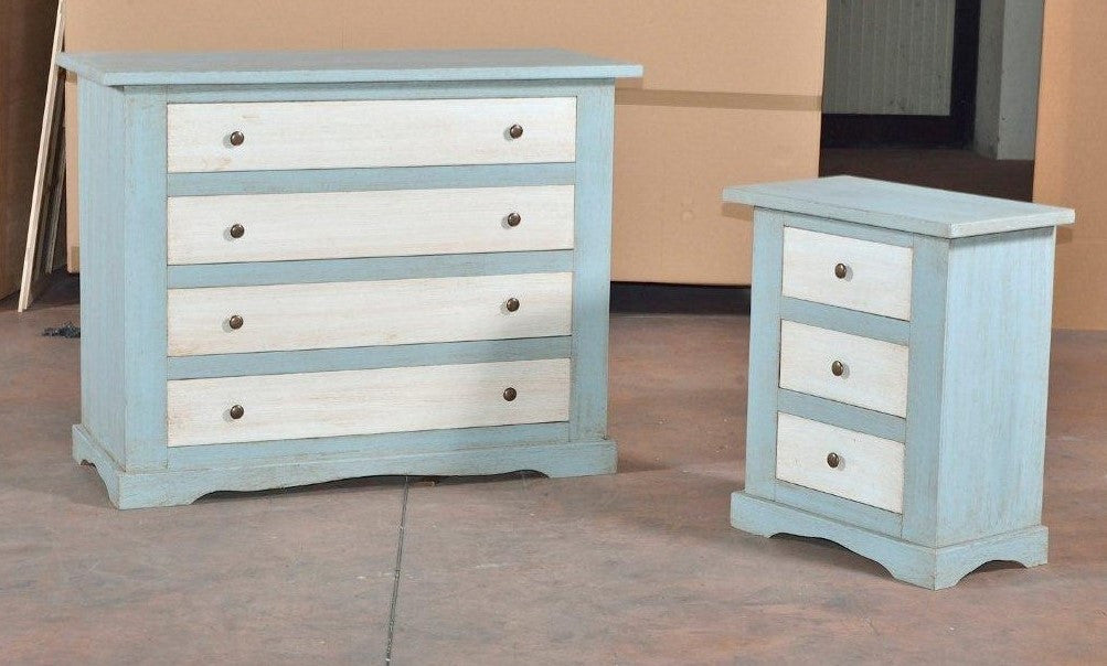 Gruppo como' e 2 comodini laccato azzurro/bianco patinato - Mobili 2G