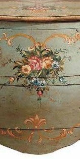 Como' bombato 2 cassetti laccato verde invecchiato con decori misure l.94 p.42 h.80