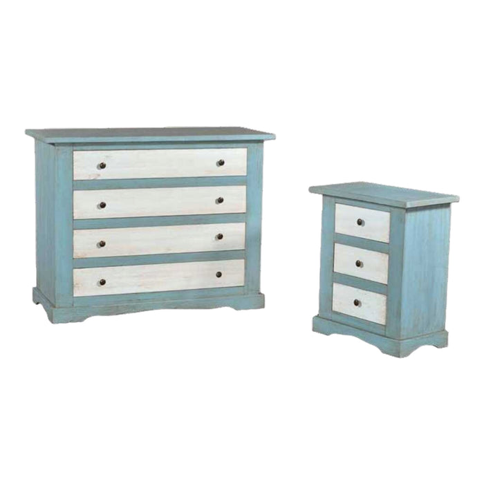 Gruppo como' e 2 comodini laccato azzurro/bianco patinato - Mobili 2G