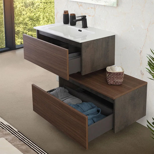 Cassettone bagno sospeso 80 cm soft-close ossido e noce canaletto Kleo