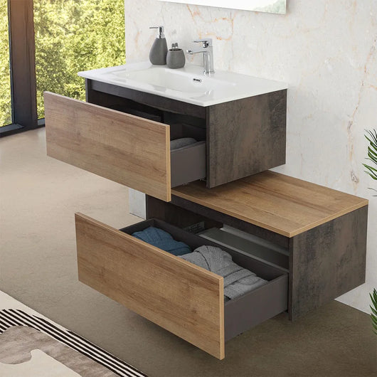 Cassettone bagno sospeso 80 cm soft-close ossido e rovere africa Kleo